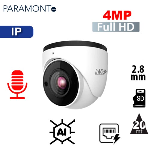 Cámara IP tipo Domo de 4Mpx, con AI, WDR, lente de 2.8mm, con IR hasta 20mts, IP67, Onvif, con entrada de audio (PAR-P4TXIR28NH-A)